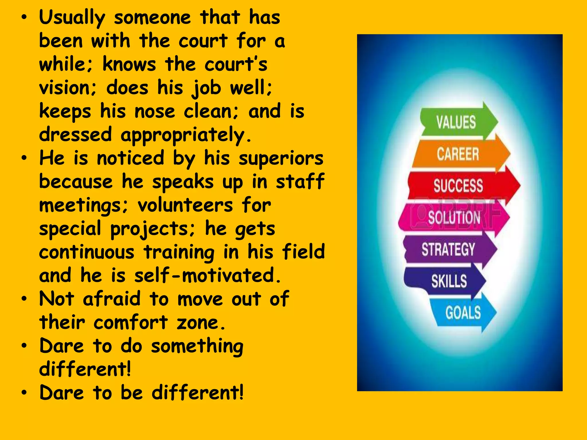 • Usually someone that has
been with the court for a
while; knows the court’s
vision; does his job well;
keeps his nose clean; and is
dressed appropriately.
• He is noticed by his superiors
because he speaks up in staff
meetings; volunteers for
special projects; he gets
continuous training in his field
and he is self-motivated.
• Not afraid to move out of
their comfort zone.
• Dare to do something
different!
• Dare to be different!
 