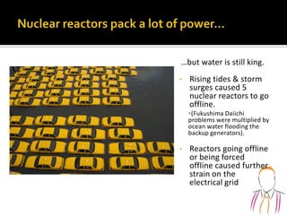 …but water is still king.
• Rising tides & storm
surges caused 5
nuclear reactors to go
offline.
(Fukushima Daiichi
problems were multiplied by
ocean water flooding the
backup generators).
• Reactors going offline
or being forced
offline caused further
strain on the
electrical grid
 