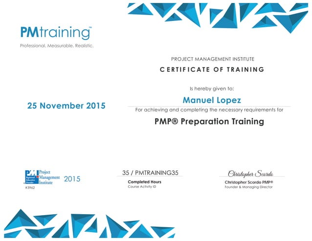 PMTraining Certificate of Completion_MLopez_112515 | PPT