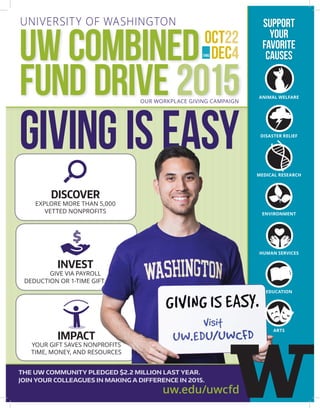 our workplace giving campaign
university of washington
UW COMBINED
FUND DRIVE 2015
OCT22
DEC4THRU
support
your
favorite
causes
Givingiseasy
DISCOVER
Explore more than 5,000
vetted nonprofits
invest
give via payroll
impact
your gift Saves nonprofits
time, money, and resources
The UW community pledged $2.2 million last year.
Join your colleagues in making a difference in 2015.
uw.edu/uwcfd
deduction or 1-time gift
ANIMAL WELFARE
EDUCATION
ARTS
MEDICAL RESEARCH
ENVIRONMENT
DISASTER RELIEF
HUMAN SERVICES
 