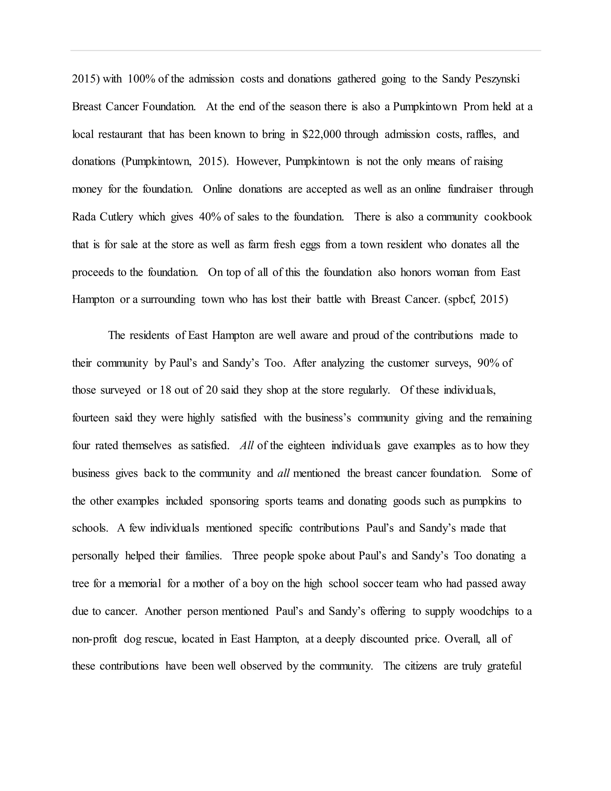 2015) with 100% of the admission costs and donations gathered going to the Sandy Peszynski
Breast Cancer Foundation. At the end of the season there is also a Pumpkintown Prom held at a
local restaurant that has been known to bring in $22,000 through admission costs, raffles, and
donations (Pumpkintown, 2015). However, Pumpkintown is not the only means of raising
money for the foundation. Online donations are accepted as well as an online fundraiser through
Rada Cutlery which gives 40% of sales to the foundation. There is also a community cookbook
that is for sale at the store as well as farm fresh eggs from a town resident who donates all the
proceeds to the foundation. On top of all of this the foundation also honors woman from East
Hampton or a surrounding town who has lost their battle with Breast Cancer. (spbcf, 2015)
The residents of East Hampton are well aware and proud of the contributions made to
their community by Paul’s and Sandy’s Too. After analyzing the customer surveys, 90% of
those surveyed or 18 out of 20 said they shop at the store regularly. Of these individuals,
fourteen said they were highly satisfied with the business’s community giving and the remaining
four rated themselves as satisfied. All of the eighteen individuals gave examples as to how they
business gives back to the community and all mentioned the breast cancer foundation. Some of
the other examples included sponsoring sports teams and donating goods such as pumpkins to
schools. A few individuals mentioned specific contributions Paul’s and Sandy’s made that
personally helped their families. Three people spoke about Paul’s and Sandy’s Too donating a
tree for a memorial for a mother of a boy on the high school soccer team who had passed away
due to cancer. Another person mentioned Paul’s and Sandy’s offering to supply woodchips to a
non-profit dog rescue, located in East Hampton, at a deeply discounted price. Overall, all of
these contributions have been well observed by the community. The citizens are truly grateful
 