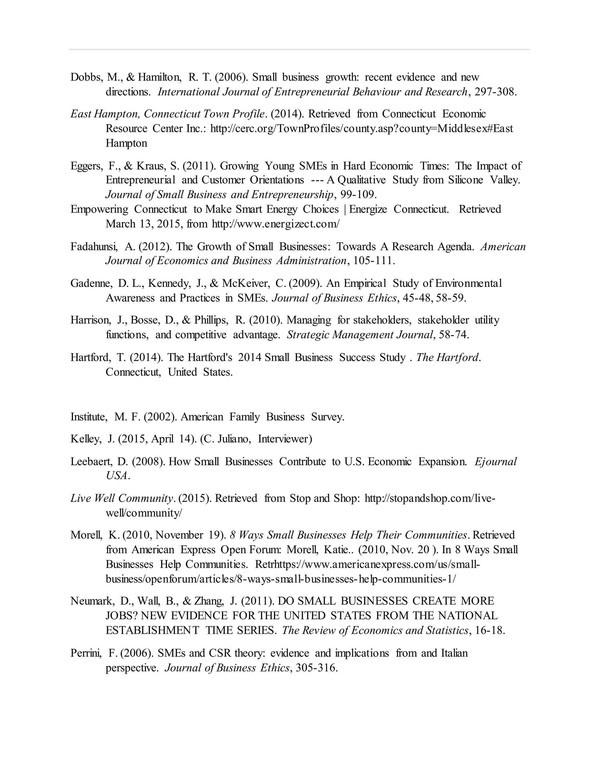Dobbs, M., & Hamilton, R. T. (2006). Small business growth: recent evidence and new
directions. International Journal of Entrepreneurial Behaviour and Research, 297-308.
East Hampton, Connecticut Town Profile. (2014). Retrieved from Connecticut Economic
Resource Center Inc.: http://cerc.org/TownProfiles/county.asp?county=Middlesex#East
Hampton
Eggers, F., & Kraus, S. (2011). Growing Young SMEs in Hard Economic Times: The Impact of
Entrepreneurial and Customer Orientations --- A Qualitative Study from Silicone Valley.
Journal of Small Business and Entrepreneurship, 99-109.
Empowering Connecticut to Make Smart Energy Choices | Energize Connecticut. Retrieved
March 13, 2015, from http://www.energizect.com/
Fadahunsi, A. (2012). The Growth of Small Businesses: Towards A Research Agenda. American
Journal of Economics and Business Administration, 105-111.
Gadenne, D. L., Kennedy, J., & McKeiver, C. (2009). An Empirical Study of Environmental
Awareness and Practices in SMEs. Journal of Business Ethics, 45-48, 58-59.
Harrison, J., Bosse, D., & Phillips, R. (2010). Managing for stakeholders, stakeholder utility
functions, and competitive advantage. Strategic Management Journal, 58-74.
Hartford, T. (2014). The Hartford's 2014 Small Business Success Study . The Hartford.
Connecticut, United States.
Institute, M. F. (2002). American Family Business Survey.
Kelley, J. (2015, April 14). (C. Juliano, Interviewer)
Leebaert, D. (2008). How Small Businesses Contribute to U.S. Economic Expansion. Ejournal
USA.
Live Well Community. (2015). Retrieved from Stop and Shop: http://stopandshop.com/live-
well/community/
Morell, K. (2010, November 19). 8 Ways Small Businesses Help Their Communities. Retrieved
from American Express Open Forum: Morell, Katie.. (2010, Nov. 20 ). In 8 Ways Small
Businesses Help Communities. Retrhttps://www.americanexpress.com/us/small-
business/openforum/articles/8-ways-small-businesses-help-communities-1/
Neumark, D., Wall, B., & Zhang, J. (2011). DO SMALL BUSINESSES CREATE MORE
JOBS? NEW EVIDENCE FOR THE UNITED STATES FROM THE NATIONAL
ESTABLISHMENT TIME SERIES. The Review of Economics and Statistics, 16-18.
Perrini, F. (2006). SMEs and CSR theory: evidence and implications from and Italian
perspective. Journal of Business Ethics, 305-316.
 