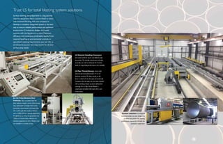 LS Material Handling Conveyors
are custom built for secure and efficient pipe
processing. The durable steel frame and roller
assembly are built to withstand the heaviest
loads for long-lasting performance and reliability.
Trust LS for total blasting system solutions
Surface cleaning and preparation is a big job that
requires equipment that is custom fitted to every
task involved.Working with one company to
develop a complete, integrated system is the best
way to ensure reliable performance and optimum
productivity. LS Industries designs and builds
systems with the big picture in mind: Maximum
efficiency and consistent, predictable results. From
material handling to environmental controls to
specialized cleaning requirements, you can rely on
LS Industries as your one-stop source for all your
surface prep needs.
Jet Air Pulse Reverse Dust
Collector filters air pulled from the
blast cabinet through a series of four heavy
duty, replaceable cartridges that remove
particulate contamination and spent shot.
The 1,240 sq. ft. filter media combined
with a 4,000 CFM fan capacity approaches
97 efficiency on .8 micron particulate and
100% on 2 micron. Dust collectors are
standard equipment on all LS Blasters and
are available in a variety of sizes.
LS Pipe Thread Blaster cleans both
internal and external threads in 4” to 16”
diameter sections.The blast nozzle on the
lance is advanced into the pipe pneumatically.
Conveyors feed the pipe into the blast chamber
with a revolving motion to ensure full-surface
coverage.The LS PipeThread Blaster is
constructed of welded mild steel with a cast
chrome liner.
Custom solutions are designed
to accommodate any size of pipe and
to deliver the precise shot blasting
performance required for virtually any
production application.
 