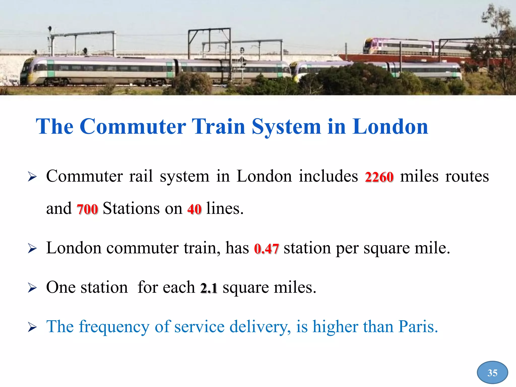  Commuter rail system in London includes 2260 miles routes
and 700 Stations on 40 lines.
 London commuter train, has 0.47 station per square mile.
 One station for each 2.1 square miles.
 The frequency of service delivery, is higher than Paris.
35
The Commuter Train System in London
 