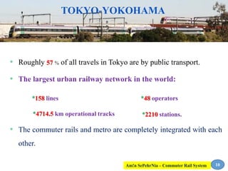 * Roughly 57 % of all travels in Tokyo are by public transport.
* The largest urban railway network in the world:
* The commuter rails and metro are completely integrated with each
other.
10
TOKYO-YOKOHAMA
*158 lines *48 operators
*4714.5 km operational tracks *2210 stations.
Am!n SePehrNia – Commuter Rail System
 