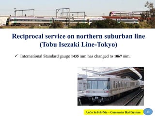 Reciprocal service on northern suburban line
(Tobu Isezaki Line-Tokyo)
13
 International Standard gauge 1435 mm has changed to 1067 mm.
Am!n SePehrNia – Commuter Rail System
 