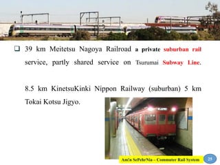  39 km Meitetsu Nagoya Railroad a private suburban rail
service, partly shared service on Tsurumai Subway Line.
8.5 km KinetsuKinki Nippon Railway (suburban) 5 km
Tokai Kotsu Jigyo.
25Am!n SePehrNia – Commuter Rail System
 