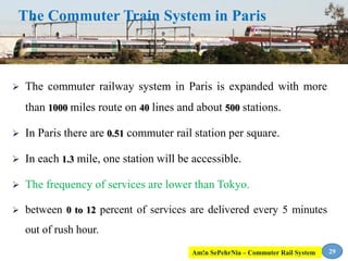  The commuter railway system in Paris is expanded with more
than 1000 miles route on 40 lines and about 500 stations.
 In Paris there are 0.51 commuter rail station per square.
 In each 1.3 mile, one station will be accessible.
 The frequency of services are lower than Tokyo.
 between 0 to 12 percent of services are delivered every 5 minutes
out of rush hour.
The Commuter Train System in Paris
29Am!n SePehrNia – Commuter Rail System
 