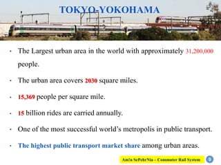 • The Largest urban area in the world with approximately 31,200,000
people.
• The urban area covers 2030 square miles.
• 15,369 people per square mile.
• 15 billion rides are carried annually.
• One of the most successful world’s metropolis in public transport.
• The highest public transport market share among urban areas.
TOKYO-YOKOHAMA
9Am!n SePehrNia – Commuter Rail System
 