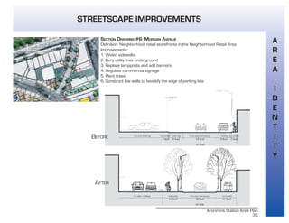 Aronimink Station Area Plan
35
STREETSCAPE IMPROVEMENTS
A
R
E
A
I
D
E
N
T
I
T
Y
SECTION DRAWING #6: MORGAN AVENUE
Definition: Neighborhood retail storefronts in the Neighborhood Retail Area
Improvements:
1. Widen sidewalks
2. Bury utility lines underground
3. Replace lampposts and add banners
4. Regulate commercial signage
5. Plant trees
6. Construct low walls to beautify the edge of parking lots
BEFORE
AFTER
 