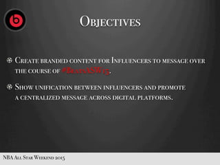 Objectives
  Create branded content for Influencers to message over
the course of#BeatsASW15.
  Show unification between influencers and promote 
acentralized message across digital platforms.
NBA All Star Weekend 2015
 