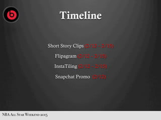 Timeline
NBA All Star Weekend 2015
Short Story Clips (2/12 – 2/15)
Flipagram (2/12 – 2/15)
InstaTiling (2/12 – 2/15)
Snapchat Promo (2/12)
 