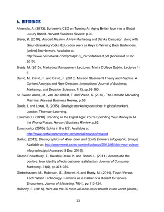 23	
6. REFERENCES
Ahrendts, A. (2013). Burberry’s CEO on Turning An Aging British Icon into a Global
Luxury Brand. Harvard Business Review, p.39.
Bieler, K. (2010). Absolut Mission. A New Marketing and Drinks Campaign along with
Groundbreaking Vodka Education seen as Keys to Winning Back Bartenders.
[online] BevNetwork. Available at:
http://www.bevnetwork.com/pdf/Apr10_PernodAbsolut.pdf [Accessed 3 Dec.
2015].
Brady, M. (2015). Marketing Management Lectures. Trinity College Dublin. Lectures 1-
6
David, M., David, F. and David, F. (2015). Mission Statement Theory and Practice: A
Content Analysis and New Direction. International Journal of Business,
Marketing, and Decision Sciences, 7(1), pp.98-100.
de Swaan Arons, M., van Den Driest, F. and Weed, K. (2014). The Ultimate Marketing
Machine. Harvard Business Review, p.58.
Doole, I. and Lowe, R. (2005). Strategic marketing decisions in global markets.
London: Thomson Learning.
Edelman, D. (2010). Branding in the Digital Age: You're Spending Your Money in All
the Wrong Places. Harvard Business Review, p.65.
Euromonitor (2015) ‘Spirits in the US’. Available at:
http://www.portal.euromonitor.com/portal/analysis/related
Gallup, (2012). Demographics of Wine, Beer and Spirits Drinkers Infographic. [image]
Available at: http://awsmwest.ca/wp-content/uploads/2012/05/pick-your-poison-
infographic.jpg [Accessed 3 Dec. 2015].
Ghosh Chowdhury, T., Kaushik Desai, K. and Bolton, L. (2014). Accentuate the
positive: how identity affects customer satisfaction. Journal of Consumer
Marketing, 31(5), pp.371-379.
Giebelhausen, M., Robinson, S., Sirianni, N. and Brady, M. (2014). Touch Versus
Tech: When Technology Functions as a Barrier or a Benefit to Service
Encounters. Journal of Marketing, 78(4), pp.113-124.
Holodny, E. (2015). Here are the 30 most valuable liquor brands in the world. [online]
 