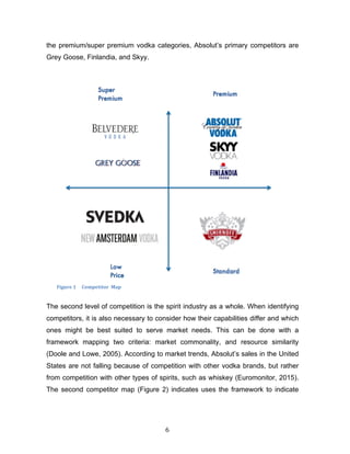 6	
the premium/super premium vodka categories, Absolut’s primary competitors are
Grey Goose, Finlandia, and Skyy.
The second level of competition is the spirit industry as a whole. When identifying
competitors, it is also necessary to consider how their capabilities differ and which
ones might be best suited to serve market needs. This can be done with a
framework mapping two criteria: market commonality, and resource similarity
(Doole and Lowe, 2005). According to market trends, Absolut’s sales in the United
States are not falling because of competition with other vodka brands, but rather
from competition with other types of spirits, such as whiskey (Euromonitor, 2015).
The second competitor map (Figure 2) indicates uses the framework to indicate
Figure	1					Competitor		Map
 