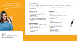 Tacta®
.
The new perfectly balanced
mechanical pipette.
Electronic Pipettes
l The lightest electronic pipettes that
meet the stringent requirements of
regulated labs:
Picus®
& Picus®
NxT
l The classic electronic pipettes for user
convenience and versatile procedures:
eLINE®
Mechanical Pipettes
l The user-friendliest mechanical pipette
for ergonomic pipetting with the most
accurate results: Tacta®
l The proven mechanical pipette
for daily pipetting:
Proline®
Plus
Pipette Tips
l Standard pipette tips:
Optifit
l Filter tips with additional space between
the filter and sample:
SafetySpace™
l Low retention tips with hydrophobic
surface:
Sartorius Low Retention Tips
Maxi Volume Liquid Handling
l Cordless pipetting controller:
Midi Plus™
l Bottle-top dispensers:
Proline®
Prospenser,
Prospenser and Biotrate
Liquid Handling
We provide you with the perfect combination of electronic or mechanical pipettes and matching
pipette tips as well as accessories. The award-winning design of our pipettes combines style, functionality
and ergonomics.
I love my mechanical pipette
because it combines everything
I’ve ever wanted for manual
pipetting.
 