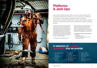 3130 Title Platforms & Jack Ups
We have been in the energy and marine industries for
over 30 years and we make it our business to know
everything there is to know about the industry and our
clients’ needs. We have grown into a leading company
that provides specialist personnel worldwide for jack
ups, self-propelled vessels, large crane vessels and
semisubmersibles. Our presence in 16 key (renewable)
energy regions enables us to provide professionals on
the move – from single placements to entire crews and
from OIMs to Deckhands or Riggers.
Our professionals are fully certified and possess
Atlas’ flexible specialist services allow our clients to either outsource their
recruitment and HR function entirely, or to use our services to complement
their existing in-house capacity. In addition to selecting the right
professionals for all types of platforms and jack ups, we offer tailor-made HR
solutions, including a full suite of taxation, administration, logistics, and legal
services.
high-level knowledge in a variety of disciplines, such
as mechanical, electrical and lifting. We cooperate
closely with training centres around the world to
provide our professionals with specialised training and
personal development programs – all to ensure that the
requirements and high standards of our clients are met.
Our specialist areas include, but are not limited to:
•	 Jack-up rigs
•	 Self propelled jack-up rigs
•	 Semi submersible platforms (DP and moored)
•	 Accommodation platforms
Platforms
& Jack Ups
A selection of valuable
specialists that we provide
•	 Offshore Installation Manager
•	 Master / DPO
•	 Chief Officer
•	 Chief Engineer
•	 2nd Officer
•	 2nd Engineer
•	 Able Seaman
•	 Barge Engineer
•	 Barge Master
•	 Crane Operator Heavy Lift
•	 Deck Supervisor
•	 HWO Operator / Supervisor
•	 Jacking Engineer
•	 Lifting Supervisor
•	 Logistical Coordinator
•	 Mechanical Technician
•	 Offshore Superintendent
•	 Radio Operator
•	Electrician
•	 Rigger Foreman / Supervisor
•	Superintendent
 