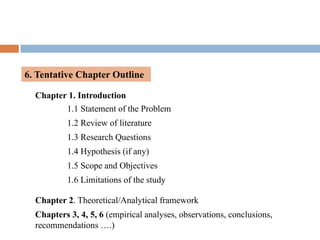 6. Tentative Chapter Outline
Chapter 1. Introduction
1.1 Statement of the Problem
1.2 Review of literature
1.3 Research Questions
1.4 Hypothesis (if any)
1.5 Scope and Objectives
1.6 Limitations of the study
Chapter 2. Theoretical/Analytical framework
Chapters 3, 4, 5, 6 (empirical analyses, observations, conclusions,
recommendations ….)
 