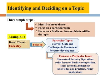 Identifying and Deciding on a Topic
Three simple steps -
 Identify a broad theme
 Focus on a particular topic
 Focus on a Problem / issue or debate within
the topic
Broad Theme:
Forestry Focus on
Particular Topic:
Current State and
Challenges in Homestead
Forestry development
Focus on a Particular Issue:
Homestead Forestry Operations
(with focus on floristic composition,
socio-economy, indigenous
knowledge and practices, Policy
implications
Example-1:
 