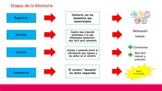Etapas de la Memoria
Registrar
Retener
Asociar
Rememorar
Contacto con los
elementos que
memorizamos
Cuanta mas atención
prestemos a lo que
intentamos memorizar,
mas fácil será retenerlo
Motivación
Interés
Vinculo o conexión entre la
información que ingreso y
los datos en el cerebro
Conexiones
Mas fácil
retener y
entender
El cerebro “devuelve”
los datos requeridos
Mente
Inconsciente
 
