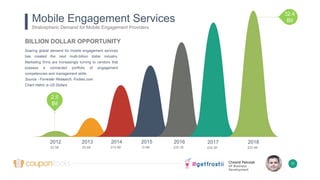 Chesné Pakulak
VP Business
Development
2012
$2.5B
2013
$5.6B
2014
$15.5B
2015
$19B
2016
$25.7B
2017
$29.3B
2018
$32.4B
2.5
Bil
32.4
Bil
BILLION DOLLAR OPPORTUNITY
Soaring global demand for mobile engagement services
has created the next multi-billion dollar industry.
Marketing firms are increasingly turning to vendors that
possess a connected portfolio of engagement
competencies and management skills.
Source - Forrester Research, Forbes.com
Chart metric is US Dollars
Mobile Engagement Services
Stratospheric Demand for Mobile Engagement Providers
11
 