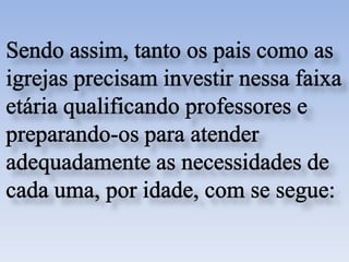 Sendo assim, tanto os pais como as igrejas precisam investir nessa faixa etária qualificando professores e preparando-os para atender adequadamente as necessidades de cada uma, por idade, com se segue: 