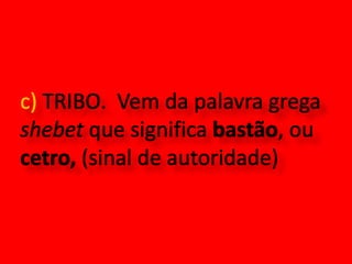 c) TRIBO.  Vem da palavra grega shebet que significa bastão, ou cetro, (sinal de autoridade) 
