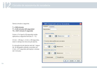 54
Vamos simular o seguinte:
T = 3:00 minutos
T! = 0:20 minutos (20 segundos)
T!L = 0:01 minuto (1 segundo)
Como o T! é igual a 20 segundos então
aplicamos a seguinte fórmula (T – T!).
(3 min – 20 seg.) = 2 min. e 40 segundos,
este é o tempo do início do pré alarme.
E a duração do pré alarme será de 1 segun-
do. As lâmpadas voltarão a acender em
2 min. e 41 segundos até expirar o tempo
de 3 minutos.
Circuito de minuteria de escadaria
12
 