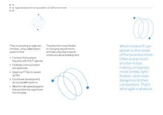 They’re adopting an agile dev
mindset, using collaboration
systems that:
•	 Connect the business
requests with the IT agenda.
•	 Facilitate communication
and approvals.
•	 Speed up IT Ops to speed
up Dev.
•	 Coordinate development
across parallel systems.
•	 Allowformulti-speedprograms
thatprioritizetheurgentover
the everyday.
That lets them stay flexible
to changing requirements
and take a big step towards
continuousdevanddeployment.
Which means IT can
deliver to the needs
of the business more
often and at much
shorter notice,
making companies
more nimble, light-
footed – and more
dangerous to their
competitors. That’s
what agile is all about.
Agile development is impossible in an SAP environment
 