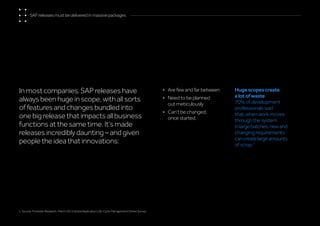 In most companies, SAP releases have
always been huge in scope, with all sorts
of features and changes bundled into
one big release that impacts all business
functions at the same time. It’s made
releases incredibly daunting – and given
people the idea that innovations:
•	 Are few and far between
•	 Need to be planned
out meticulously
•	 Can’t be changed,
once started.
Huge scopes create
a lot of waste
70% of development
professionals said
that, when work moves
through the system
inlargebatches,newand
changing requirements
cancreatelargeamounts
of scrap.1
SAP releases must be delivered in massive packages
1. Source: Forrester Research. March 2013 Global Application Life-Cycle Management Online Survey
 
