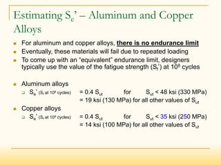 Estimating Se’ – Aluminum and Copper
Alloys
 For aluminum and copper alloys, there is no endurance limit
 Eventually, these materials will fail due to repeated loading
 To come up with an “equivalent” endurance limit, designers
typically use the value of the fatigue strength (Sf’) at 108 cycles
 Aluminum alloys
 Se’ (Sf at 108 cycles) = 0.4 Sut for Sut < 48 ksi (330 MPa)
= 19 ksi (130 MPa) for all other values of Sut
 Copper alloys
 Se’ (Sf at 108 cycles) = 0.4 Sut for Sut < 35 ksi (250 MPa)
= 14 ksi (100 MPa) for all other values of Sut
 