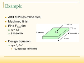 Example
 AISI 1020 as-rolled steel
 Machined finish
 Find Fmax for:
  = 1.8
 Infinite life
 Design Equation:
  = Se / ’
 Se because infinite life
 