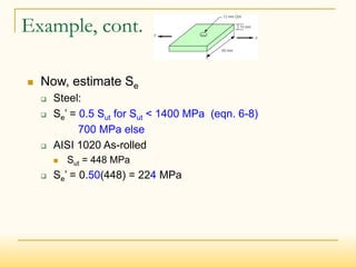 Example, cont.
 Now, estimate Se
 Steel:
 Se’ = 0.5 Sut for Sut < 1400 MPa (eqn. 6-8)
700 MPa else
 AISI 1020 As-rolled
 Sut = 448 MPa
 Se’ = 0.50(448) = 224 MPa
 