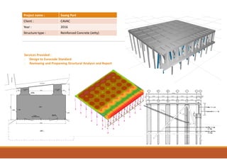 Project name : Saang Port
Client : CAVAC
Year : 2016
Structure type : Reinforced Concrete (Jetty)
Services Provided :
- Design to Eurocode Standard
- Reviewing and Prepareing Structural Analysis and Report
 