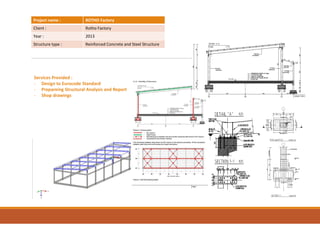 Z
X
Y
Z
X
Y
Project name : ROTHO Factory
Client : Rotho Factory
Year : 2013
Structure type : Reinforced Concrete and Steel Structure
Services Provided :
- Design to Eurocode Standard
- Prepareing Structural Analysis and Report
- Shop drawings
 