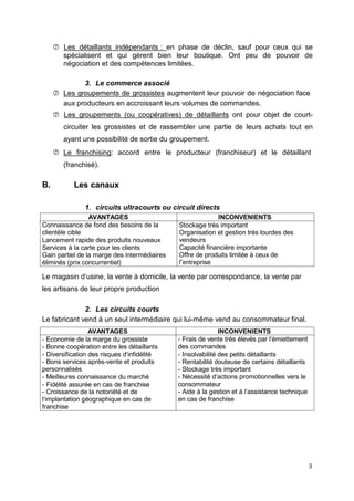  Les détaillants indépendants : en phase de déclin, sauf pour ceux qui se
spécialisent et qui gèrent bien leur boutique. Ont peu de pouvoir de
négociation et des compétences limitées.
3. Le commerce associé
 Les groupements de grossistes augmentent leur pouvoir de négociation face
aux producteurs en accroissant leurs volumes de commandes.
 Les groupements (ou coopératives) de détaillants ont pour objet de court-
circuiter les grossistes et de rassembler une partie de leurs achats tout en
ayant une possibilité de sortie du groupement.
 Le franchising: accord entre le producteur (franchiseur) et le détaillant
(franchisé).
B. Les canaux
1. circuits ultracourts ou circuit directs
AVANTAGES INCONVENIENTS
Connaissance de fond des besoins de la
clientèle cible
Lancement rapide des produits nouveaux
Services à la carte pour les clients
Gain partiel de la marge des intermédiaires
éliminés (prix concurrentiel)
Stockage très important
Organisation et gestion très lourdes des
vendeurs
Capacité financière importante
Offre de produits limitée à ceux de
l”entreprise
Le magasin d‘usine, la vente à domicile, la vente par correspondance, la vente par
les artisans de leur propre production
2. Les circuits courts
Le fabricant vend à un seul intermédiaire qui lui-même vend au consommateur final.
AVANTAGES INCONVENIENTS
- Economie de la marge du grossiste
- Bonne coopération entre les détaillants
- Diversification des risques d‘infidélité
- Bons services après-vente et produits
personnalisés
- Meilleures connaissance du marché
- Fidélité assurée en cas de franchise
- Croissance de la notoriété et de
l‘implantation géographique en cas de
franchise
- Frais de vente très élevés par l‘émiettement
des commandes
- Insolvabilité des petits détaillants
- Rentabilité douteuse de certains détaillants
- Stockage très important
- Nécessité d‘actions promotionnelles vers le
consommateur
- Aide à la gestion et à l‘assistance technique
en cas de franchise
3
 