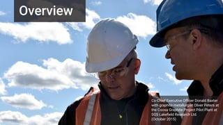 14
Overview
Co-Chief Executive Officer Donald Baxter
with graphite metallurgist Oliver Peters at
the Coosa Graphite Project Pilot Plant at
SGS Lakefield Research Ltd.
(October 2015)
 
