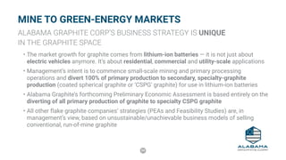 20
MINE TO GREEN-ENERGY MARKETS
ALABAMA GRAPHITE CORP’S BUSINESS STRATEGY IS UNIQUE
IN THE GRAPHITE SPACE
•	The market growth for graphite comes from lithium-ion batteries — it is not just about
electric vehicles anymore. It’s about residential, commercial and utility-scale applications
•	Management’s intent is to commence small-scale mining and primary processing
operations and divert 100% of primary production to secondary, specialty-graphite
production (coated spherical graphite or ‘CSPG’ graphite) for use in lithium-ion batteries
•	Alabama Graphite’s forthcoming Preliminary Economic Assessment is based entirely on the
diverting of all primary production of graphite to specialty CSPG graphite
•	All other flake graphite companies’ strategies (PEAs and Feasibility Studies) are, in
management’s view, based on unsustainable/unachievable business models of selling
conventional, run-of-mine graphite
 
