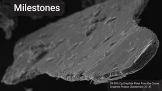 40
99.99% Cg Graphite Flake from the Coosa
Graphite Project (September 2015)
Milestones
 