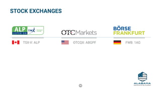 46
	 TSX-V: ALP	 OTCQX: ABGPF	 FWB: 1AG
STOCK EXCHANGES
 