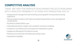 48
COMPETITIVE ANALYSIS
THERE ARE VERY FEW GRAPHITE DEVELOPMENT PROJECTS WORLDWIDE
WITH A REALISTIC PROBABILITY OF GOING INTO PRODUCTION, DUE TO:
•	Inexperienced management teams lacking actual graphite mining and processing
experience
•	Remote project locations with high associated transportation costs and logistical
complications
•	Prohibitive CAPEX/OPEX costs
•	Unfeasible production targets with unrealistic economic modeling
•	Limited (to no) infrastructure and expensive hydroelectric power
•	Indigenous/Aboriginal/First Nations Issues
•	Potential environmental and federal permitting issues
•	Geopolitical instability
 