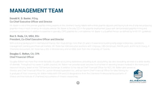 52
MANAGEMENT TEAM
Donald K. D. Baxter, P.Eng.
Co-Chief Executive Officer and Director
Mr. Baxter is one of the premier graphite mining experts on the continent, having helped define three graphite deposits and having built one of only two producing
graphite mines in North America. An industry veteran, Mr. Baxter is the only CEO in the graphite development space with demonstrated graphite mining and
processing experience, in addition to expertise in specialty CSPG graphite for Li-ion batteries. Mr. Baxter is a Qualified Person as defined by NI 43-101 guidelines.
Ron S. Roda, CA, MBA, BSc
President, Co-Chief Executive Officer and Director
With a strong background in international finance, Ron Roda brings more than 20 years of experience building early-stage enterprises, operations
management, banking and financial markets. Mr. Roda has held executive positions with Citigroup, UBS (Americas), Merrill Lynch, and Ernst & Young. A
Chartered Accountant, Mr. Roda has a BSc in Biochemistry and an MBA, both from the University of Toronto.
Douglas C. Bolton, CA, CPA
Chief Financial Officer
Douglas Bolton has more than three decades of public accounting experience, providing audit, accounting, tax, and consulting services to a wide variety
of clientele. Throughout his career in public practice, Mr. Bolton has provided audit services to a number of reporting issuers involved in the mining and
resource industry, listed on the TSX-Venture Exchange. In addition to his role as Chief Financial Officer for AGC, Mr. Bolton also serves as
Director and Chief Financial Officer for Laurion Mineral Exploration Inc., and as interim Chief Financial Officer for Adex Mining Inc.
A graduate of York University, Mr. Bolton holds both CPA and CA designations from the Chartered Professional Accountants of
Ontario and the Institute of Chartered Accountants of Ontario respectively.
 