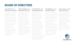 BOARD OF DIRECTORS
Jean Depatie, P.Geo.
Chairman of the Board
Mining industry veteran
and graphite expert, Jean
Depatie put the world’s
largest graphite mine into
production, the Stratmin
Lac-des-Îles Graphite Mine
in Québec (now Timcal of
Imrey’s S.A.), and for this
feat, Mr. Depatie was
awarded the Prix
d’Excellence by the
Government of Québec.
Mr. Depatie brings nearly
five decades of mining
expertise to Alabama
Graphite Corp.
Daniel P. Goffaux, P.Eng.
Independent Director
Mining industry veteran
and graphite expert,
Daniel Goffaux, served
as Chairman Depatie’s
President and led the
construction, certification,
start-up, and full-scale
production and operations
at the Stratmin Lac-des-
Îles Graphite Mine in
Québec. Mr. Goffaux brings
more than 40 years of
engineering, development,
operations and managerial
experience to Alabama
Graphite Corp.
H. David Ramm, MBA
Independent Director
Chairman and Chief
Executive Officer of
BrightSource Energy, a
California-based solar
technology company,
Mr. Ramm brings
significant experience in
general management,
energy technology and
infrastructure development.
Mr. Ramm is a member
of the National Advisory
Council for the U.S.
Department of Energy’s
National Renewable
Energy Laboratory and is
Chairman of the President’s
Energy Advisory Board at
the University of Houston.
Donald Baxter, P.Eng.
Executive Director
Graphite mining industry
veteran, Donald Baxter was
responsible for putting one
of only two graphite mines
into production in North
America. While Chairman
Depatie and Director
Goffaux were running
the Stratmin Lac-des-Îles
Graphite Mine in Québec in
the 1990s, Mr. Baxter was
responsible for running the
Kearney Graphite Mine in
Ontario — the only other
graphite mine in North
America at the time.
Ron S. Roda, CA, MBA
Executive Director
With a strong background
in international finance,
Mr. Roda brings more than
20 years of experience
building early-stage
enterprises, operations
management, banking and
financial markets.
Mr. Roda has held
executive positions with
Citigroup, UBS (Americas),
Merrill Lynch, and Ernst &
Young.
 