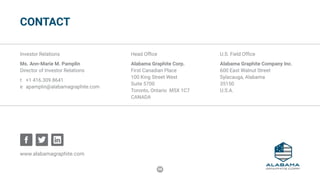 58
CONTACT
Investor Relations
Ms. Ann-Marie M. Pamplin
Director of Investor Relations
t	 +1 416.309.8641
e	apamplin@alabamagraphite.com
Head Office
Alabama Graphite Corp.
First Canadian Place
100 King Street West
Suite 5700
Toronto, Ontario M5X 1C7
CANADA
U.S. Field Office
Alabama Graphite Company Inc.
600 East Walnut Street
Sylacauga, Alabama
35150
U.S.A.
www.alabamagraphite.com
 