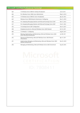 669 TS: Windows Server 2008 R2, Desktop Virtualization Jul 25, 2013
646 Pro: Windows Server 2008, Server Administrator May 16, 2013
659 TS: Windows Server 2008 R2, Server Virtualization Apr 25, 2013
642 Windows Server 2008 Network Infrastructure, Configuring Nov 15, 2012
238 Pro: Deploying Messaging Solutions with Microsoft Exchange Server 2007 Mar 13, 2012
237 Pro: Designing Messaging Solutions with Microsoft Exchange Server 2007 Feb 21, 2012
236 TS: Exchange Server 2007 Configuration Nov 16, 2011
298 Designing Security for a Microsoft Windows Server 2003 Network Oct 12, 2011
680 TS: Windows 7, Configuring Aug 04, 2011
294 Planning, Implementing, and Maintaining a Microsoft Windows Server 2003
Active Directory Infrastructure
Jun 08, 2011
293 Planning and Maintaining a Microsoft Windows Server 2003 Network
Infrastructure
Apr 12, 2011
291 Implementing, Managing, and Maintaining a Microsoft Windows Server 2003
Network Infrastructure
Nov 25, 2010
290 Managing and Maintaining a Microsoft Windows Server 2003 Environment Sep 20, 2010
 
