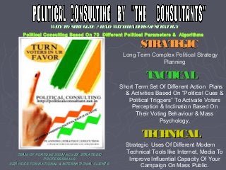 WHYTOSTRUGGLE ?LEADWITHLEADERSOFSTRATEGYWHYTOSTRUGGLE ?LEADWITHLEADERSOFSTRATEGY
Political Consulting Based On 70 Different Political Parameters & Algorithms
STRATEGICSTRATEGIC
Long Term Complex Political Strategy
Planning
TACTICALTACTICAL
Short Term Set Of Different Action Plans
& Activities Based On “Political Cues &
Political Triggers” To Activate Voters
Perception & Inclination Based On
Their Voting Behaviour & Mass
Psychology.
TECHNICALTECHNICAL
Strategic Uses Of Different Modern
Technical Tools like Internet, Media To
Improve Influential Capacity Of Your
Campaign On Mass Public.
 TEAM OF FORTUNE 500 MNC’s EX STRATEGICTEAM OF FORTUNE 500 MNC’s EX STRATEGIC
PROFESSIONALSPROFESSIONALS
SERVICES FOR NATIONAL & INTERNATIONAL CLIENTSSERVICES FOR NATIONAL & INTERNATIONAL CLIENTS
 