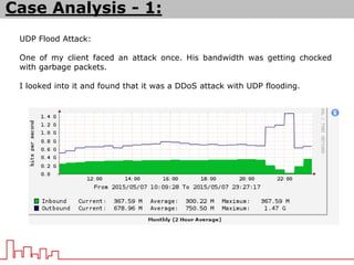 UDP Flood Attack:
One of my client faced an attack once. His bandwidth was getting chocked
with garbage packets.
I looked into it and found that it was a DDoS attack with UDP flooding.
Case Analysis - 1:
 