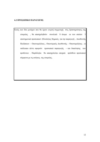 6.2 ΠΡΟΣΩΠΙΚΟ ΠΑΡΑΓΩΓΗΣ
Εκτός των δύο μετόχων που θα έχουν ενεργή συμμετοχή στις δραστηριότητες της
εταιρείας , θα απασχοληθούν συνολικά 8 άτομα εκ των οποίων 3
επιστημονικό προσωπικό (Οινολόγος Χημικός για την παραγωγή , Διευθυντής
Πωλήσεων – Οικονομολόγος , Οικονομικός Διευθυντής – Οικονομολόγος . οι
υπόλοιποι πέντε αφορούν προσωπικό παραγωγής - και διακίνησης των
προϊόντων . Παράλληλα θα απασχολείται εποχικά πρόσθετο προσωπικό
σύμφωνα με τις ανάγκες της εταιρείας .
12
 