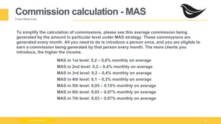 Milad Creative - Business Presentation 28
Commission calculation - MAS
Forex Made Easy
www.zimmilo.com
MAS in 1st level: 0,2 – 0,6% monthly on average
MAS in 2nd level: 0,2 – 0,4% monthly on average
MAS in 3rd level: 0,2 – 0,4% monthly on average
MAS in 4th level: 0,1 – 0,3% monthly on average
MAS in 5th level: 0,05 – 0,15% monthly on average
MAS in 6th level: 0,03 – 0,07% monthly on average
MAS in 7th level: 0,03 – 0,07% monthly on average
To simplify the calculation of commissions, please see this average commission being
generated by the amount in particular level under MAS strategy. These commissions are
generated every month. All you need to do is introduce a person once, and you are eligible to
earn a commission being generated by that person every month. The more clients you
introduce, the higher the income.
 