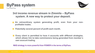 Milad Creative - Business Presentation 30
ByPass system
Forex Made Easy
3rd income revenue stream in Zimmilo – ByPass
system. A new way to protect your deposit.
An extraordinary system generating profit, even from your non-
profitable trades.
Potentially several percent of profit each month.
www.zimmilo.com
Every client is permitted to have 4 accounts with different strategies,
which allows him to take commissions being generated from member´s
own acocunt trading.
MAS strategy is more powerful than POWER in the terms of ByPass.
www.zimmilo.com
 