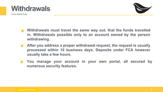 Milad Creative - Business Presentation 35
Withdrawals
Forex Made Easy
Withdrawals must travel the same way out, that the funds travelled
in. Withdrawals possible only to an account owned by the person
withdrawing.
After you address a proper withdrawal request, the request is usually
processed within 10 business days. Deposits under FCA however
usually take a few hours.
You manage your account in your own portal, all secured by
numerous security features.
www.zimmilo.comwww.zimmilo.com
 